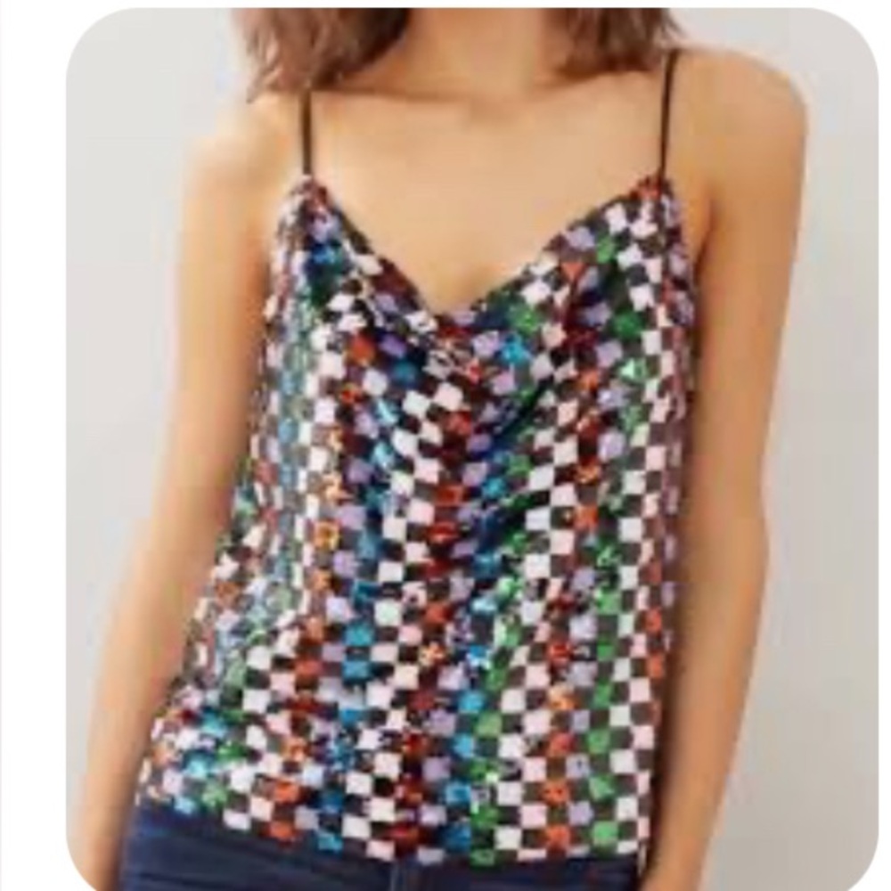 Colorful Embellished Checkered Sequin Cami Top Holiday Party
